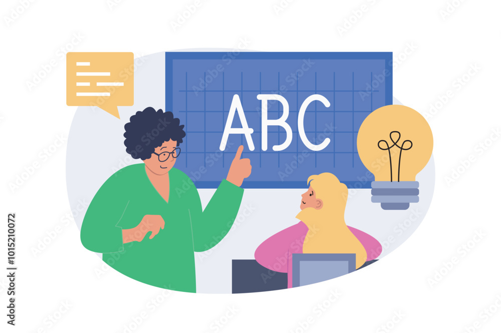 Poster School learning concept in modern flat design for web. Teacher explaining new information at language lesson, girl student answering, pupil studying at class and brainstorming. Vector illustration.