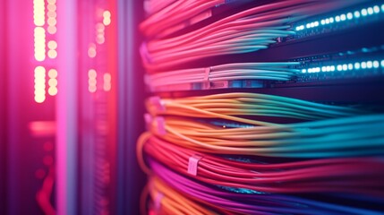 Bundles of vibrant internet cables are neatly arranged in a server rack, with labeled tags visible while illuminated by soft blue LED lights
