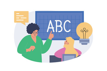 School learning concept in modern flat design for web. Teacher explaining new information at language lesson, girl student answering, pupil studying at class and brainstorming. Vector illustration.