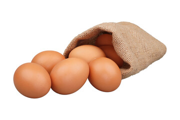 Some brown chicken eggs are coming out of a bag isolated transparent