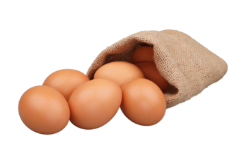 Some brown chicken eggs are coming out of a bag isolated transparent
