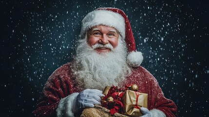 Santa Claus with a big smile holds a sack full of gifts with falling snow in the background.
