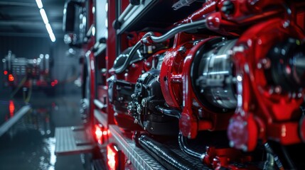 Fototapeta premium Close-up of a Red Fire Truck Hose Reel and Engine Components