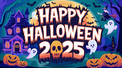 Happy Halloween 2025 illustration with a spooky haunted house, ghosts, and pumpkins..