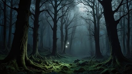 Fototapeta premium A misty forest at night with the moon shining through the trees.