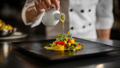 close-up of a chef in an open kitchen in a hotel preparing an omelette with vegetables during breakfast