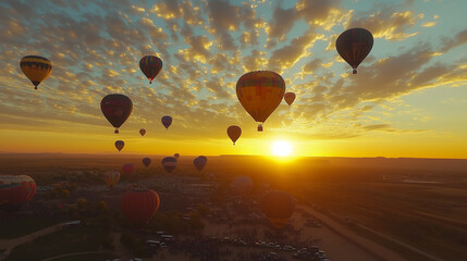 Naklejka premium Colorful hot air balloons soar over a golden sunrise, filling the sky with wonder.
