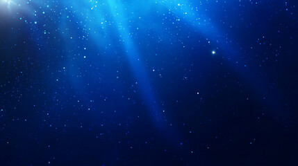 Dark blue background with sparkling stars and bright light beams.