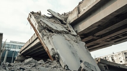 Concrete and steel lie in ruins, showcasing the aftermath of disaster where a bridge has collapsed, leaving a haunting reminder of loss and destruction