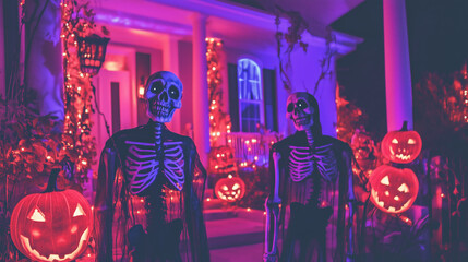 Obraz premium Spooky skeletons and jack-o'-lanterns adorn a home for Halloween.