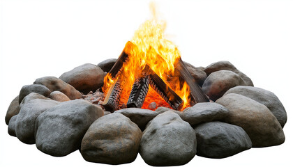 burning wood bonfire with stone  on white background