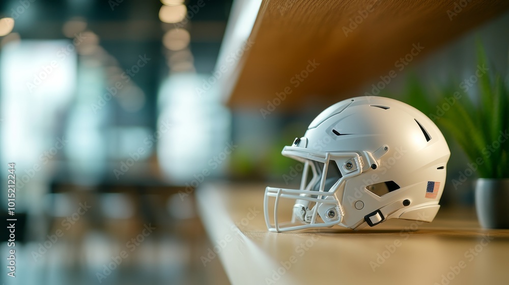 Aufkleber a white football helmet with a matte finish is displayed on a wooden shelf. soft overhead lighting a