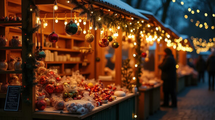 Stalls brimming with delightful holiday treats and ornaments invite visitors under twinkling lights, creating a magical atmosphere in the winter evening