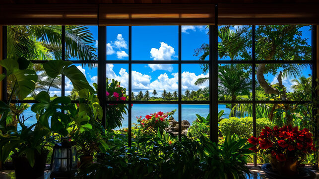 Fototapeta Tropical landscape seen through a window with lush greenery and bright blue sky.