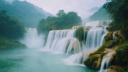 Fototapeta premium A cascading waterfall, surrounded by lush greenery, creates a stunning display of natural beauty.