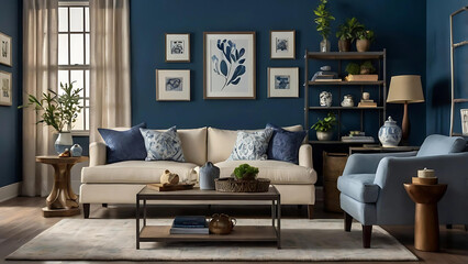 A cozy living room featuring blue walls and elegant white furniture, generative ai

