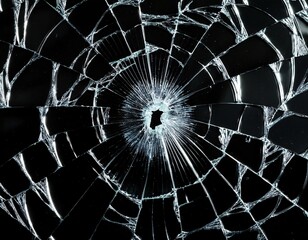 Obraz premium Broken glass texture showing bullet hole on black background