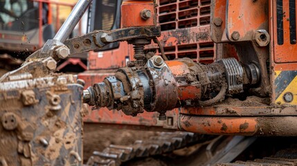 Close-up of a Muddy Excavator Arm and Gearbox