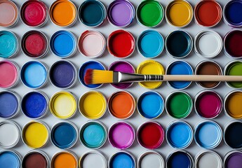 A pattern of many paint cans with different colors, each containing vibrant and colorful paints inside. A brush is placed on bucket.