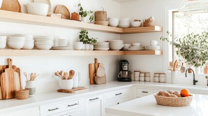 In a beautifully designed kitchen, open wooden shelves display an array of white bowls and natural decor