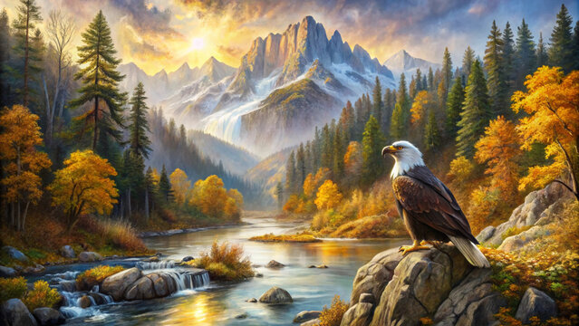 Majestic eagle perched on a rock near a river in a vibrant autumn landscape
