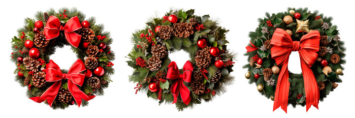 Set of christmas wreath decorated with red bows, pine cones, and ornaments, isolated on a transparent background. Symbolizes holiday spirit and decoration for Christmas and New Year celebrations.