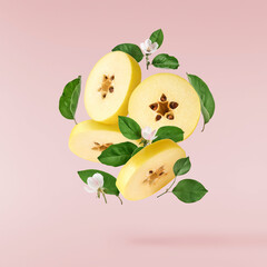 Fresh ripe yellow Quince fruit  falling in the air isolated on pink background. Food levitation or...