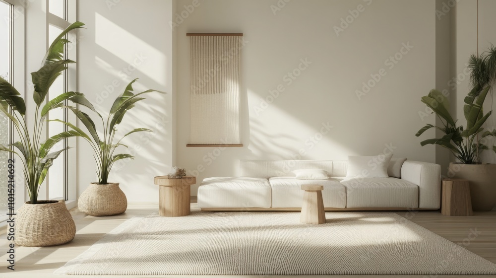 Poster sunlight streams into a spacious living area filled with soothing neutral tones. a white sofa blends