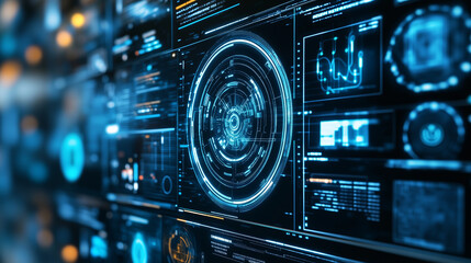 Obraz premium A futuristic interface with a central glowing circular display surrounded by smaller data panels.