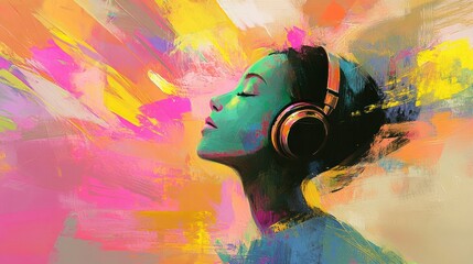 A colorful painting of a woman listening to music with headphones.