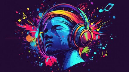 A vibrant illustration of a person listening to music with headphones, surrounded by colorful splashes and musical notes.