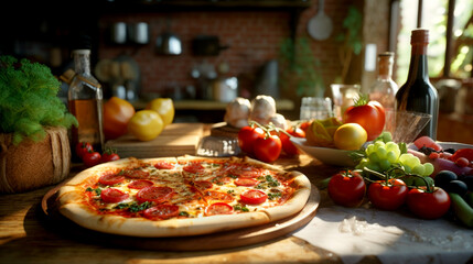 pizza with salami and tomatoes mozzarella lunch fastfood cheese