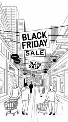 Obraz premium Black Friday sale shoppers with shopping carts in a city street.