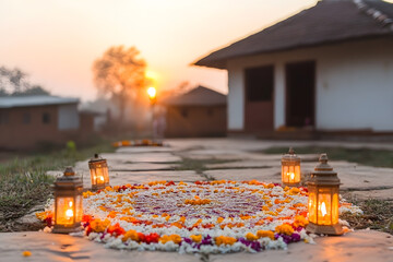 Decorated Indian Home with Bright Light Diyas | Traditional Diwali Celebration with Vibrant Festive Lighting