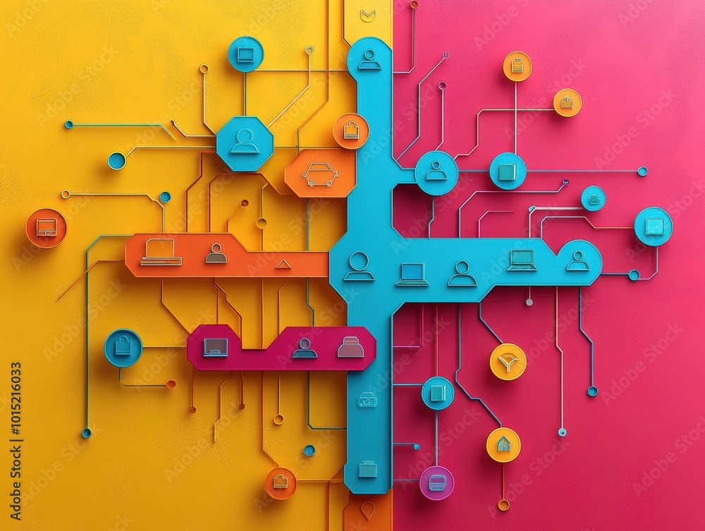 Poster interconnected world: abstract digital network concept with colorful icons and lines representing gl