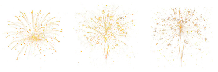 Fototapeta premium Set of fireworks on a transparent background. Overlay of exploding festive fireworks, design element on the theme of holidays and Christmas.