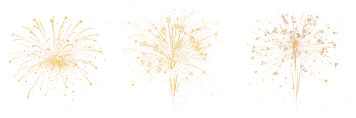Set of fireworks on a transparent background. Overlay of exploding festive fireworks, design element on the theme of holidays and Christmas.