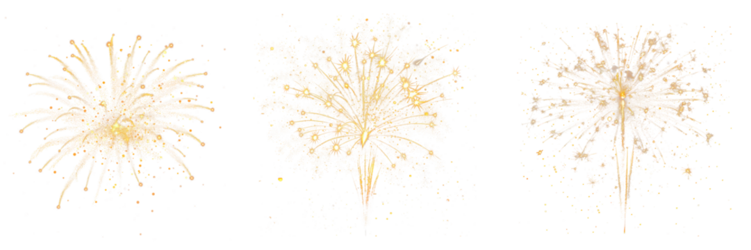 Set of fireworks on a transparent background. Overlay of exploding festive fireworks, design element on the theme of holidays and Christmas.
