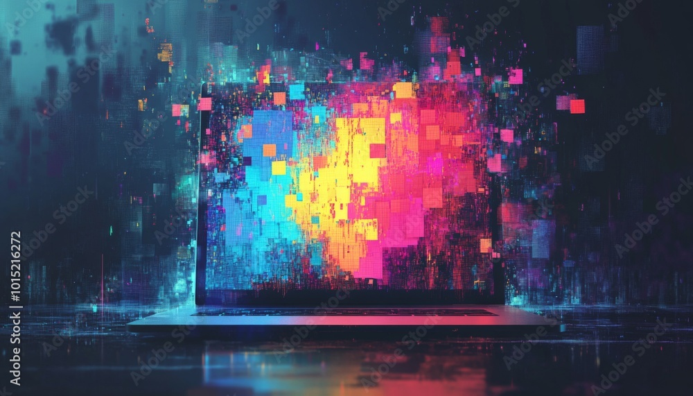 Poster a laptop with a screen displaying a colorful digital explosion of pixels, set against a dark, futuri