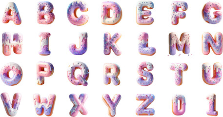 A 3D vector vibrant alphabet made of donut-shaped letters, adorned with colorful icing and sprinkles, perfect for fun designs.