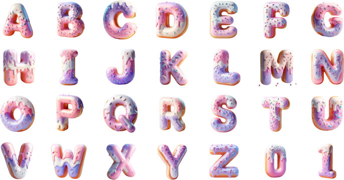 A 3D vector vibrant alphabet made of donut-shaped letters, adorned with colorful icing and sprinkles, perfect for fun designs.