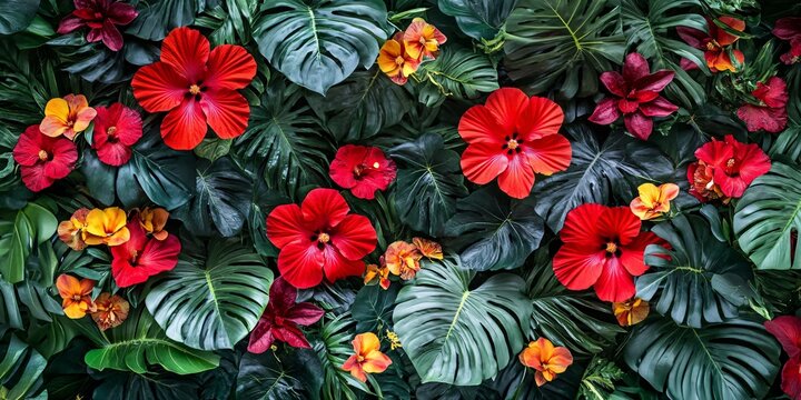 Fototapeta Lush Tropical Foliage with Vibrant Red and Orange Flowers.