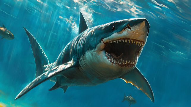 A great white shark with its mouth open, swimming in the ocean.