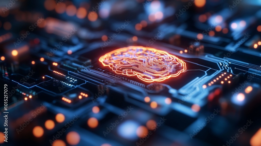 Poster this composition features a luminous digital brain at the center, intertwined with an intricate netw