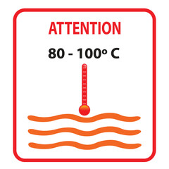 Thermometer measuring hot water temperature in red rectangle with the word attention