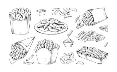 French fries sketch. Potato chips on food plate or cone box. Engraved street menu. Unhealthy crispy snack with sauce. Takeaway fastfood. Fried vegetables. Vector drawing elements set