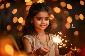Fototapeta premium Young girl in gold dress, holding sparkler with warm yellow. Orange, yellow lights backdrop, radiant smile, sparkling eyes. Indian girl celebrates Diwali festival, traditional clothes, jewellery,