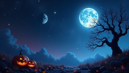 Spooky Halloween Night with Glowing Pumpkins and Full Moon - Eerie Rural Scene
