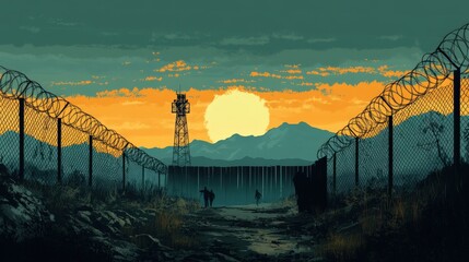 Border Crossing: Minimalist Anime Vector Illustration Depicting Illegal Migration Between Mexico and the United States