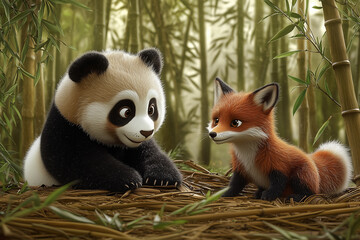 A panda and a fox looking at each other in a bamboo forest.